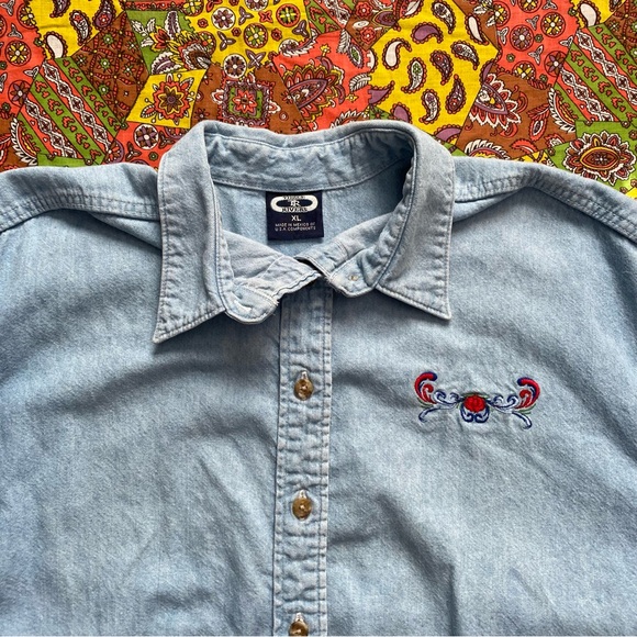Light Blue Denim Button Down with Floral Embroidery on Chest - Picture 5 of 6